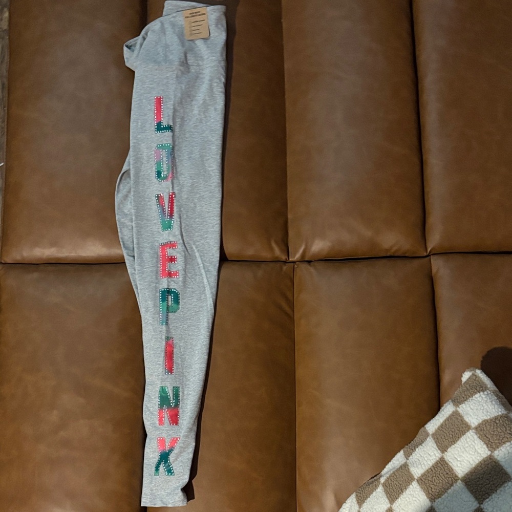 PINK Victoria's Secret Gray Leggings with Colorful Lettering